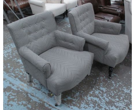 BUTTON BACK ARMCHAIRS, a pair, herringbone fabric, each 68cm W x 79cm D x 77cm H. (2)