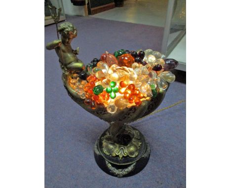 CORNUCOPIA GLASS FRUIT LAMP, circa 1910, Italian, with cherub and gilt metal dolphin support, 29cm H x 49cm W overall. 