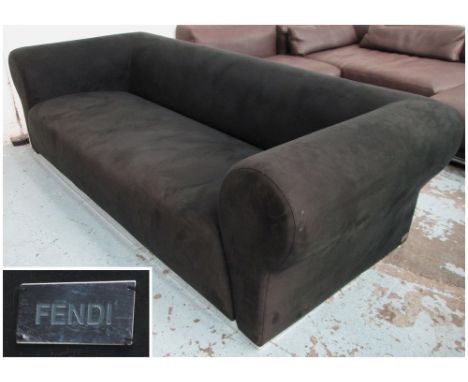 FENDI SOFA, in black alacantara with polished metal base, 100cm D x 68cm H x 235cm W, bears plaque. 