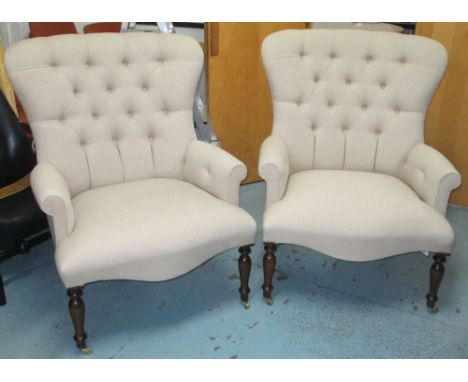 ARMCHAIRS, a pair, 19th century style, in fawn linen with button backs, on turned supports, 82cm W. (2)
