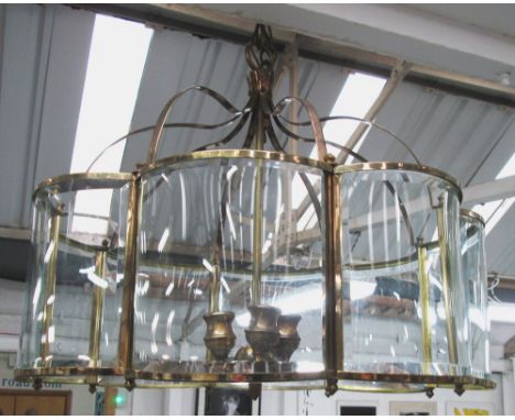 HANGING LANTERN, curved glass and brass, 50cm x 35cm. 