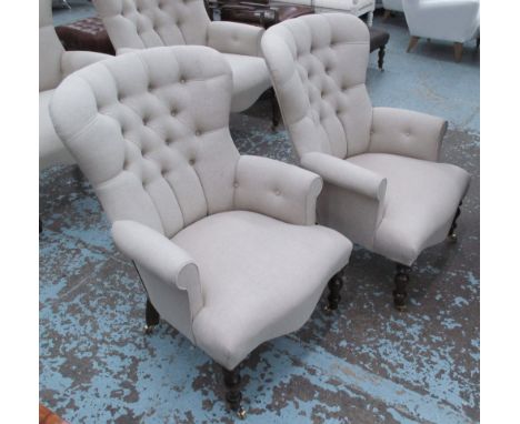 ARMCHAIRS, a pair, button backed, linen covered, on turned supports, 66cm W. (2)