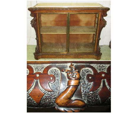 DISPLAY CABINET, Victorian burr walnut and brass mounted with inset white marble top above two glazed doors enclosing a velve