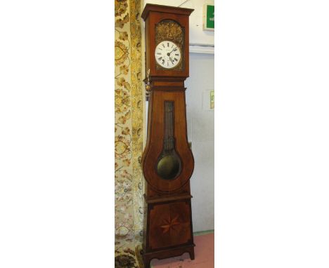 LONGCASE CLOCK, 19th century French walnut, rosewood banded and boxwood strung with repoussé brass and enamelled face inscrib