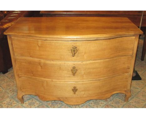 SERPENTINE COMMODE, 18th century Italian, walnut, of three drawers, 82cm H x 124cm, W x 65cm D.