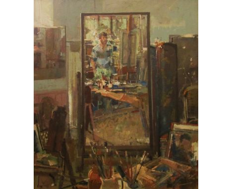 TOM COATES (British, b. 1941), 'Self Portrait in Studio', oil on canvas, 74.3cm x 64.5cm, framed. (Please Note Clause 6 of Bu
