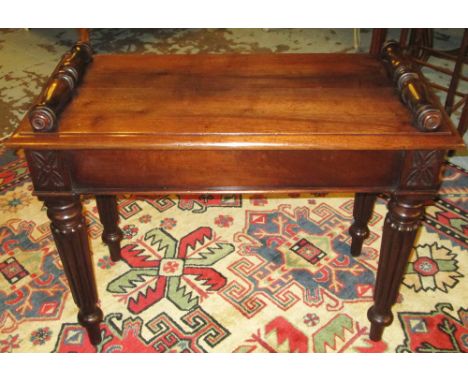 HALL BENCH, 19th century and later adapted mahogany with turned bolsters and reeded tapering supports, 83cm x 39cm x 66cm H.