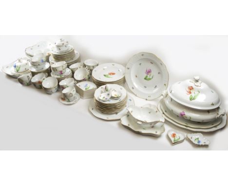 HEREND PART DINNER/TEA SERVICE, 20th century Hungarian, hand-painted 'Kitty' Flower pattern. (111 pieces)
