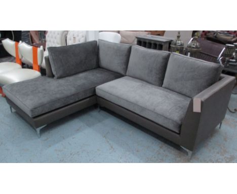 CORNER SOFA, in grey fabric and faux leather on chromed metal supports, 251cm x 166cm. 