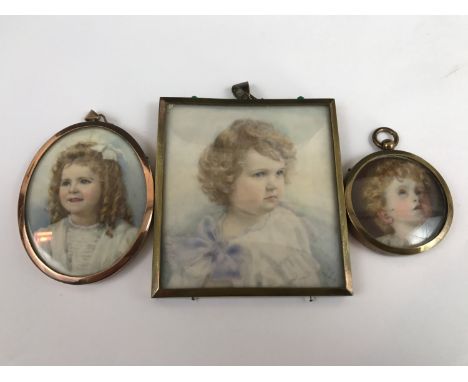 Three Edwardian period portrait miniatures of children, one young girl having golden brown ringlets and a white lace dress, w