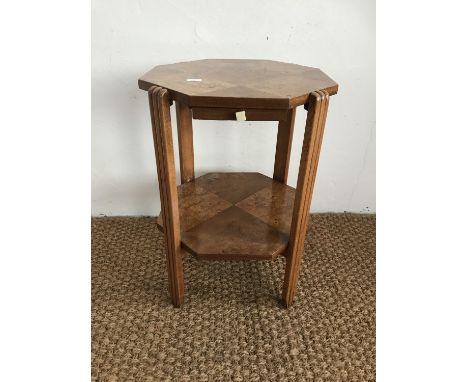 A 1930s Art Deco influenced small occasional table, having octagonal pollarded oak veneered top and conforming stretcher shel