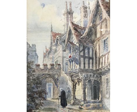 H*** H*** (19th Century) Street scene with hot air balloon and Tudor buildings, to the fore a gentleman stands with walking c