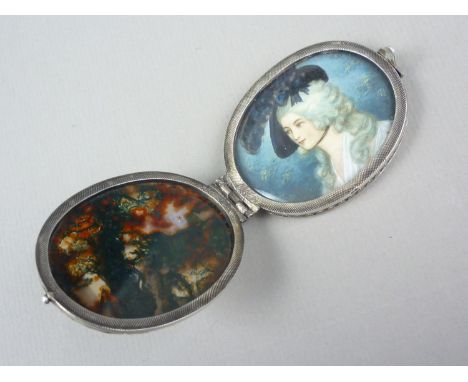 A Gebruder Dingeldein of Hanau white metal and moss agate encased portrait miniature of a Georgian lady, head and shoulder le