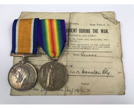 A British War and Victory medal pair to 108800 Gunner Edwin Gill, 12th Mountain Battery, Royal Garrison Artillery, together w