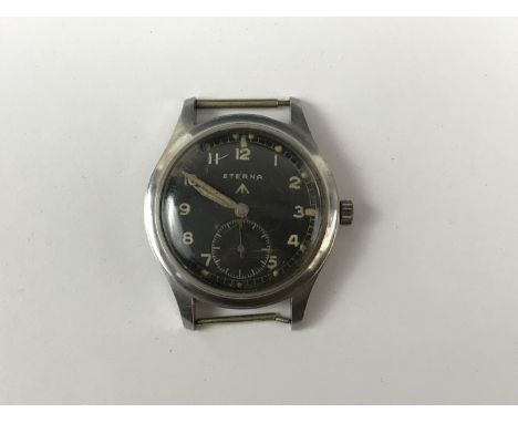 A 1940s British Army Waterproof Wrist Watch by Eterna, the screw-on back  bearing an Ordnance broad arrow, designation and se