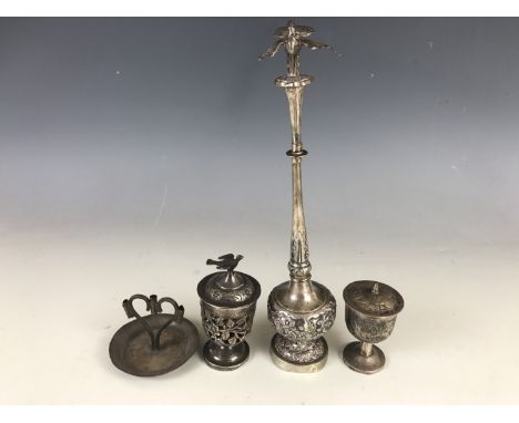 A group of Indian white metal religious ceremonial or ritual white metal objects, comprising a rose water sprinkler, an incen