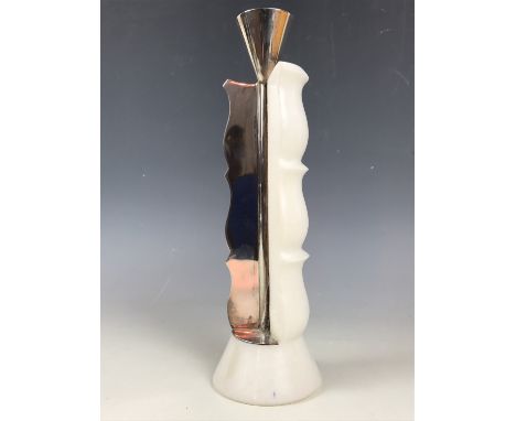 A contemporary Ravissant white metal and alabaster pricket candle stick, of minimalist sectional design, stamped 925, 25 cm 