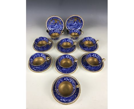 A Copeland Spode Tower pattern bone china tea set, comprising nine cups and saucers in the Gadroon shape, each item being bat