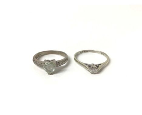 18ct white gold synthetic heart shaped stone ring with diamond set shoulders, size N and 9ct white gold diamond solitaire rin