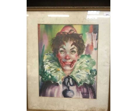 Rene Marjolaine watercolour portrait of a clown, signed