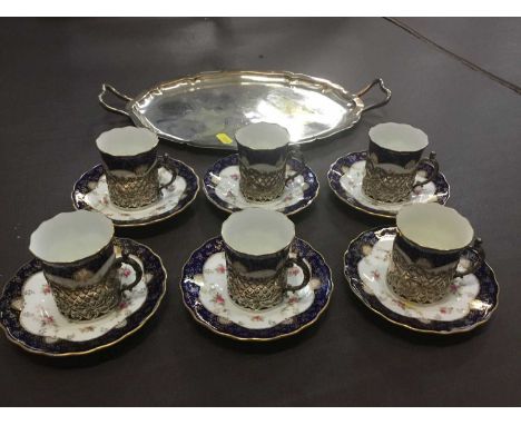 Set 6 Edwardian silver mounted Coalport coffee cups and saucers and plated trayCondition report: One cup has a small hairline