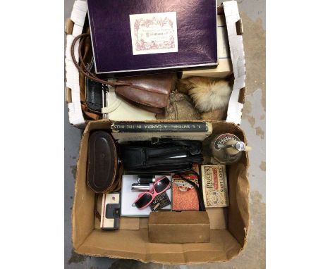 Two boxes of sundries, including a camera, binoculars, vintage handbags, etc