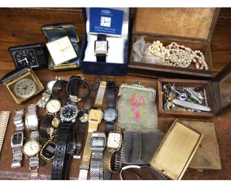 Group of wristwatches including boxed Rotary, travel clocks, costume jewellery, vintage mesh purse and other bijouterie 