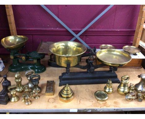 Four antique scales and selection of brass weights