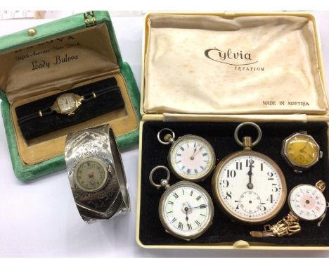 Art Deco Bulova gold plated ladies wristwatch in original case, two silver cased fob watches, others and white metal bangle w