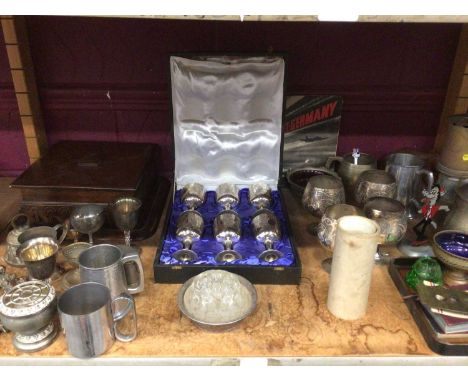Presentation box of six plated goblets, other goblets and tankards, wooden box and brass miners lamp