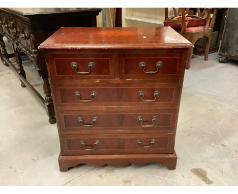Small inlaid mahogany chest of two short and three long drawers, 64.5cm wide, 40cm deep, 71.5cm high, together with a standar