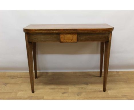 Regency inlaid card table, D-shaped crossbanded top with baize lined playing surface on tablet frieze and square tapered legs