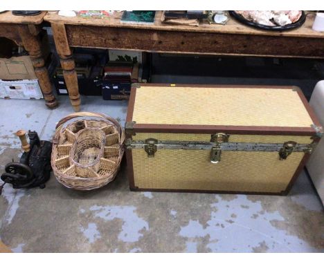 Large trunk containing pictures and a mirror, together with a basket and a sewing machine