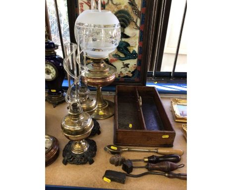 George III mahogany cutlery tray, pair of Russian brass oil lamps, the chimneys with twist pattern on the outside, together w