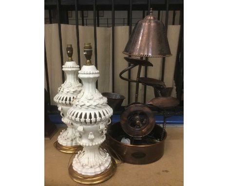 Pair of white glazed pottery table lamps, total height 55cm, together with a Fantasia water cascade lamp. (3)Condition report