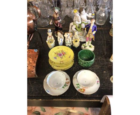 Collection of continental porcelain, including six yellow-ground Dresden dishes, a pair of twin-Handled Herend cups and sauce