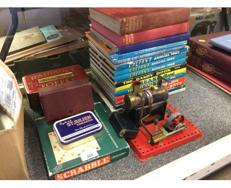 Mamod Stationary engine, together with vintage tins and a group of Children's annuals