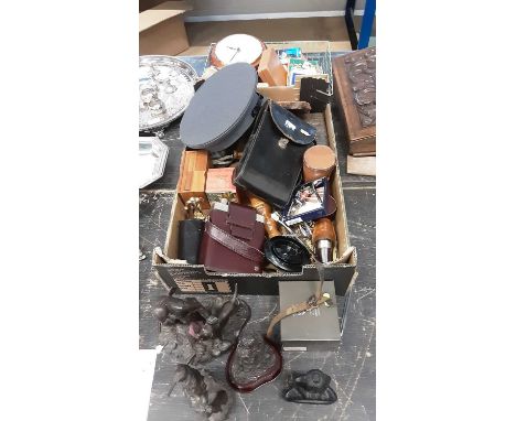 Two boxes of mixed items including penknives, stackable hunting cups, similar decanter set, hip flasks, old camera, packs of 