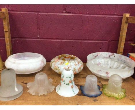 Three pendant 1930s glass light shades and six wall light shades (9)