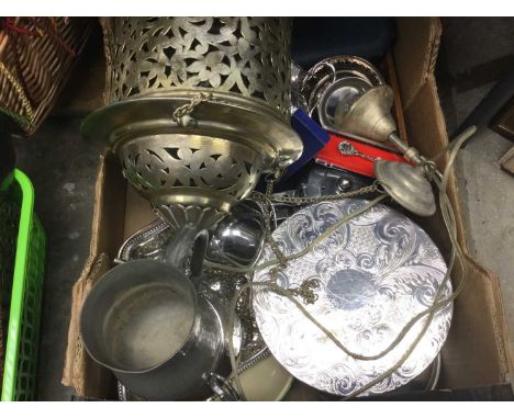 Group of silver plated and other metalware including a set of scales.