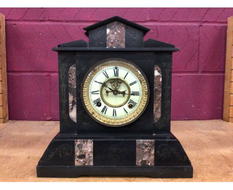 Victorian slate mantel clock plus four wooden case mantel clock