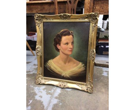 Oil on canvas quarter length portrait of a lady