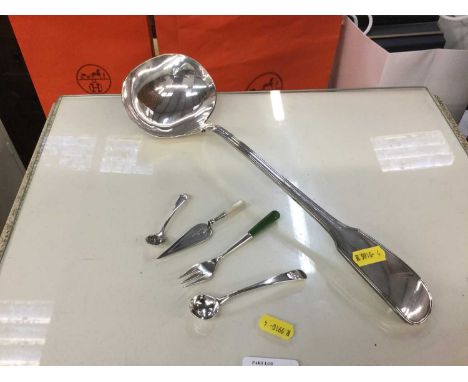 Silver plated fiddle and thread pattern serving ladle, together with a pickle fork, silver bookmark and silver salt spoons