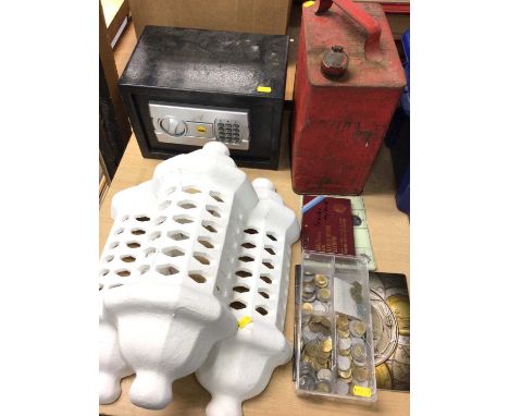 Group of white painted wall bracket light covers, Yale safe, vintage fuel can and group of Italian coins