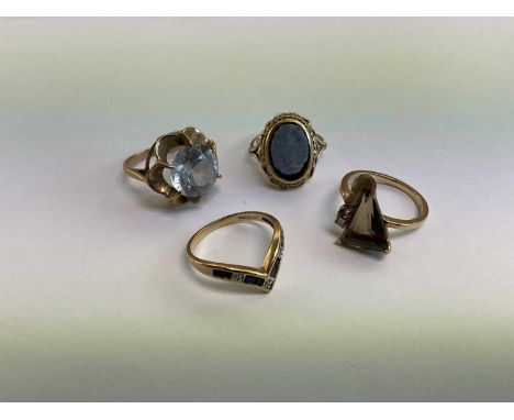 Four 9ct gold and gem-set dress ringsCondition report: Gross weight approximately 14.5 grams. Opal triplet ring is very worn 