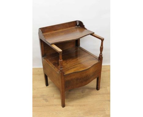 George III mahogany commode, of serpentine form, two tiers with hinged cover to the lower tier on square supports, 60cm wide 