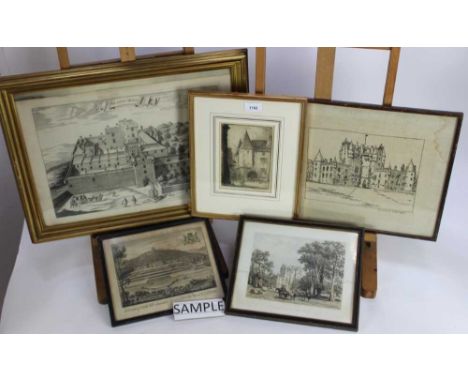 Group of 18th and 19th century engravings to include views of Glamis and Shugborough Hall, Classical scenes, Percy Lancaster 