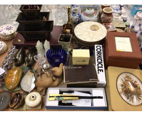 Various items including animal ornaments, pair blue glass bowls, polished mineral specimens, chess/backgammon set and sundrie