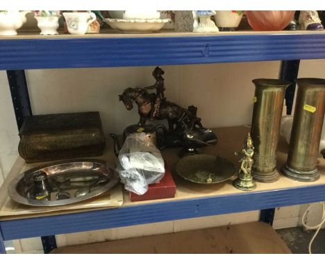 Pair of First World War Trench Art shell case vases decorated with Dragons, together with a table lighter, vintage biscuit ti