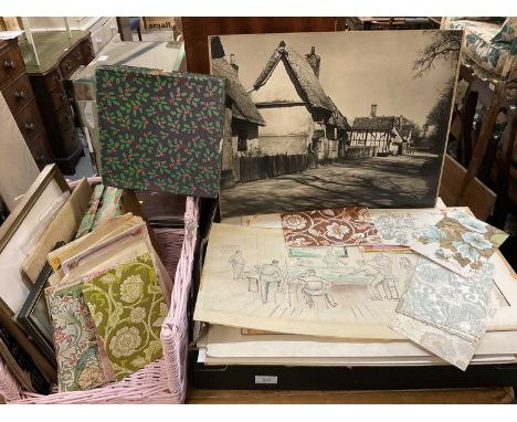 Mixed lot of ephemera, unframed works, vintage Sanderson wall paper samples, art related books and similar items